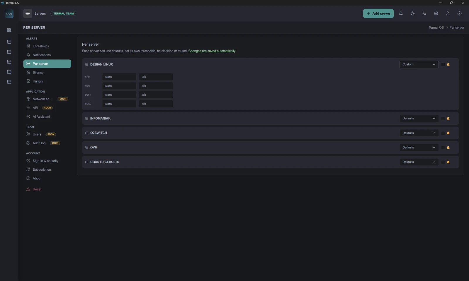 Warnungseinstellungen in Termal OS: Schwellenwerte für CPU, Arbeitsspeicher und Festplatte pro Server, mit Benachrichtigung per Telegram und Webhook