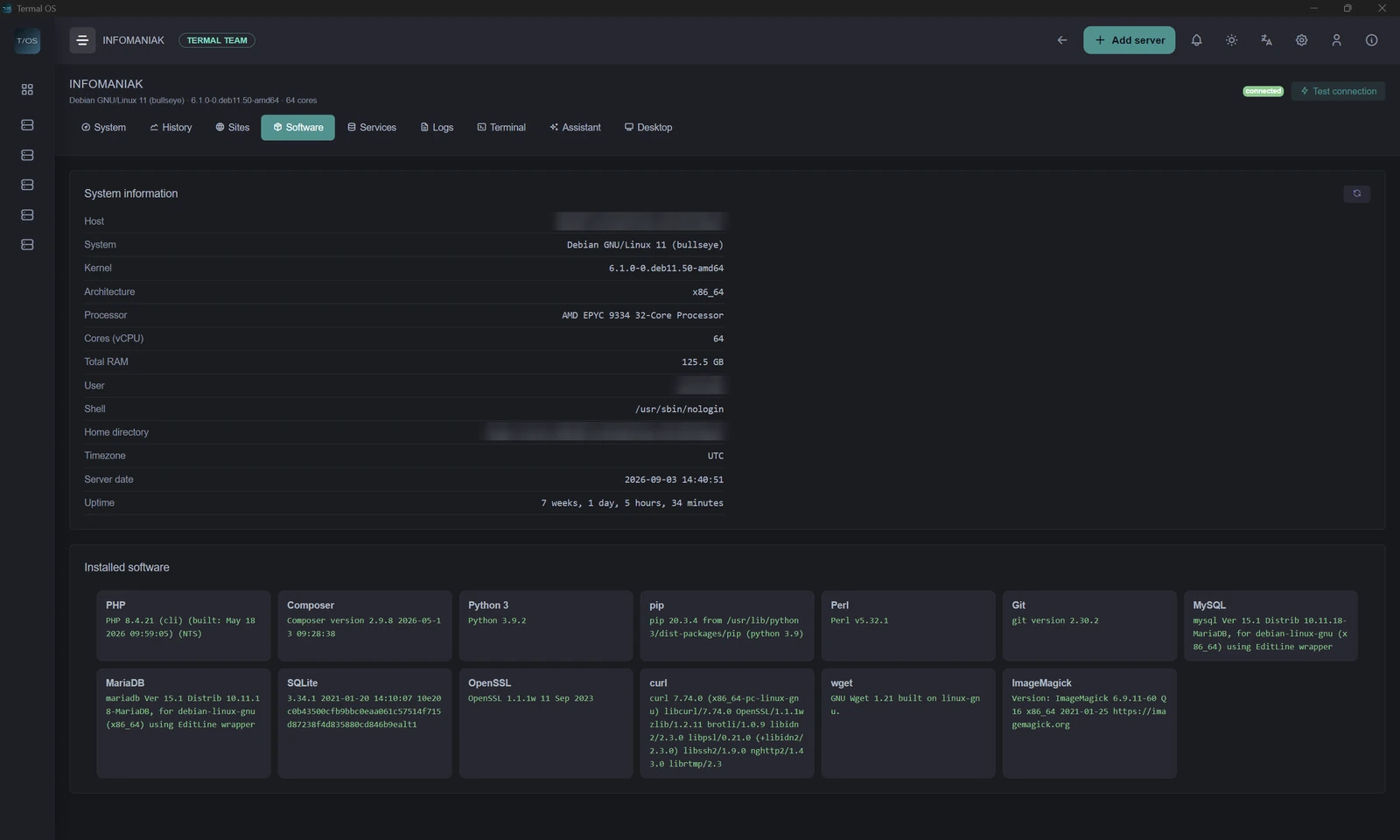 Dashboard von Termal OS mit Live-Diagrammen zu CPU, Arbeitsspeicher, Festplatte und Netzwerk eines über SSH überwachten Linux-Servers (4 of 4)